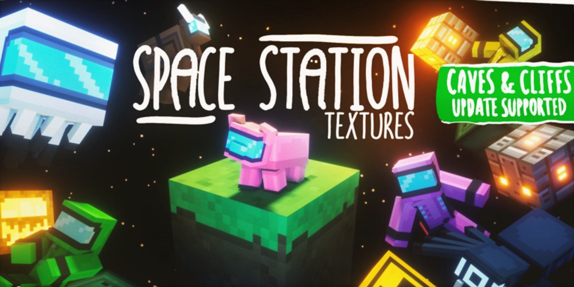 minecraft realms Space Station Texture art with ghast pig and blocks in among us gear