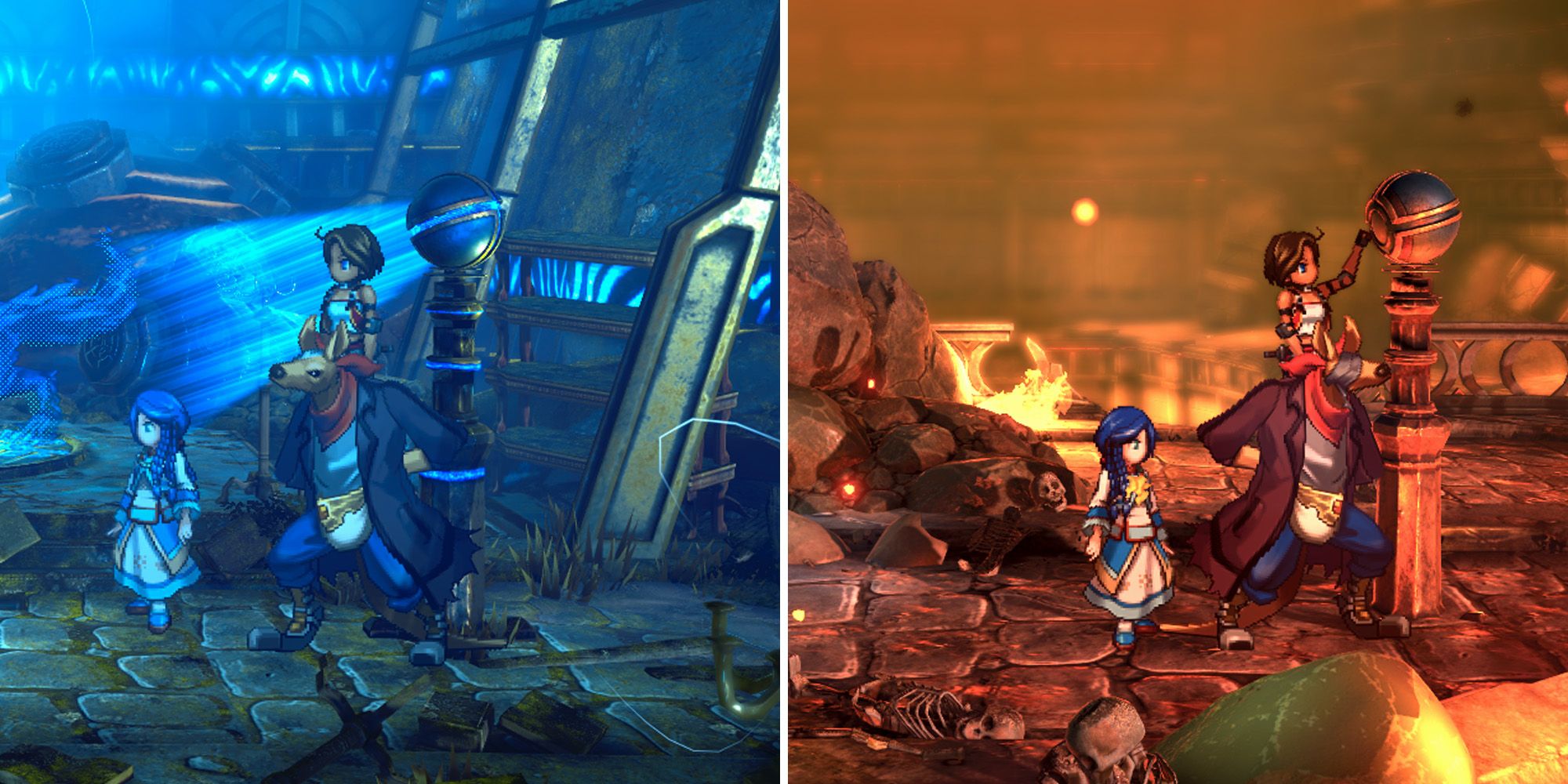 Split image of fire and ice zones in Eiyuden Chronicle Rising
