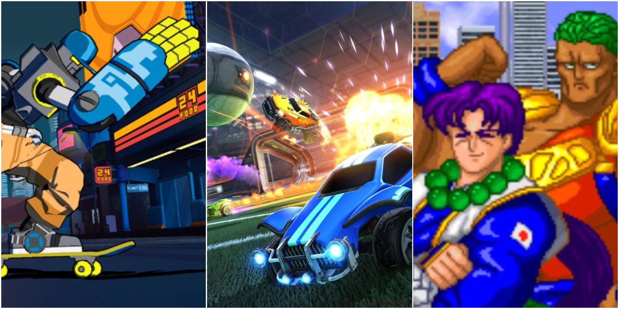 A split image comprising characters from lethal league, numan athletics, and a car from Rocket League