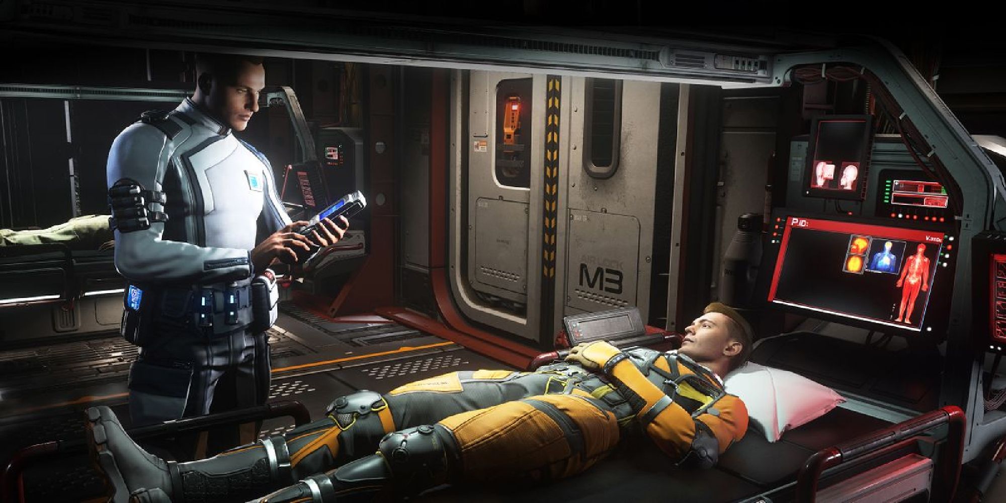 a man lays in a medical bed while a doctor observes in Star Citizen