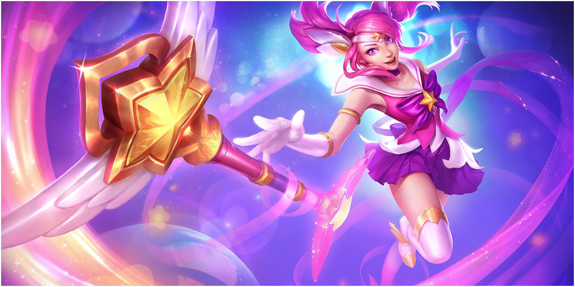 League of Legends Star Guardian Lux pink chosen by the first star wielding wand in a magical girl sailor uniform sparkle