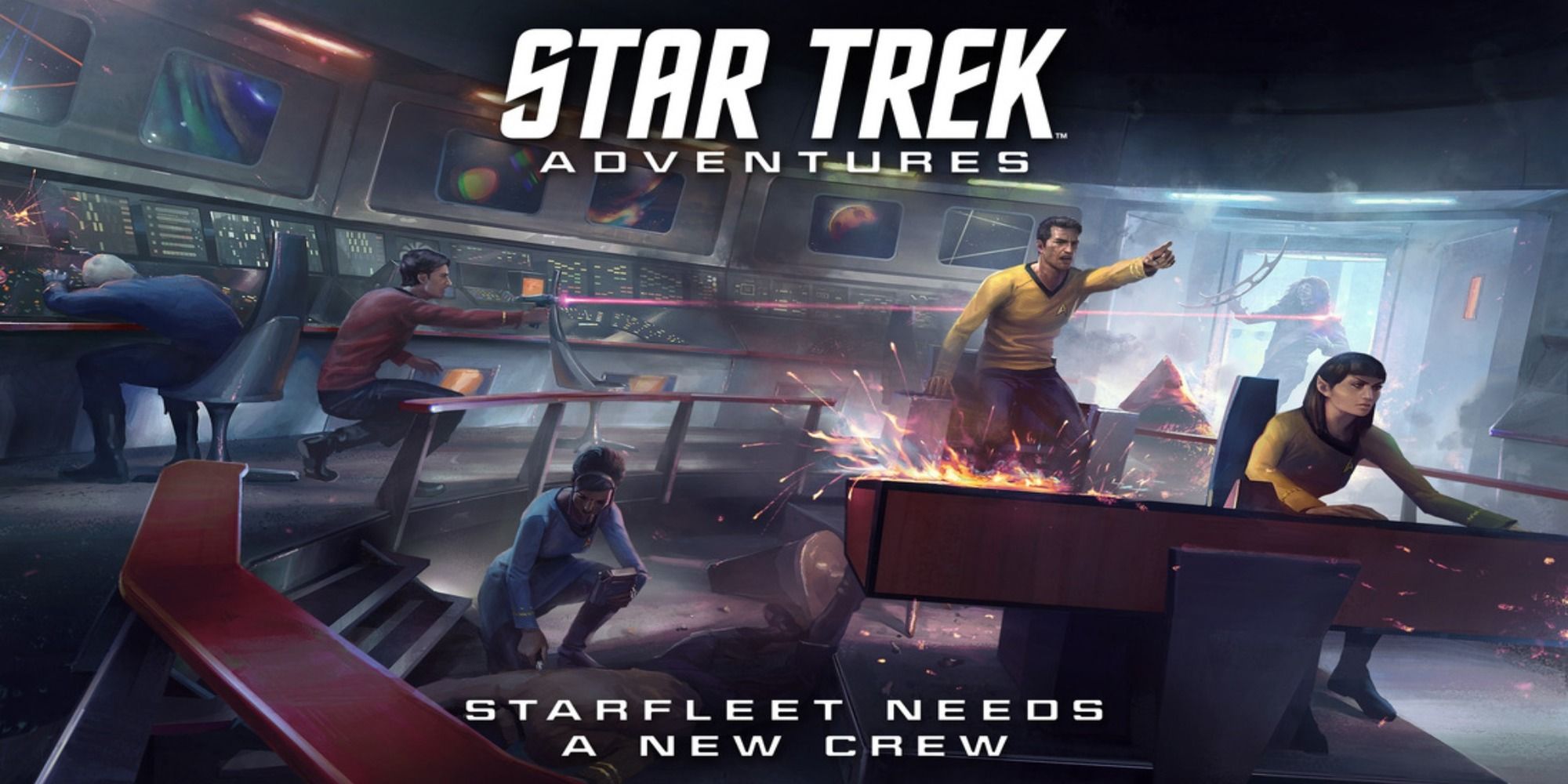 Star Trek Adventures tabletop game image showing the bridge crew in a dangerous situation