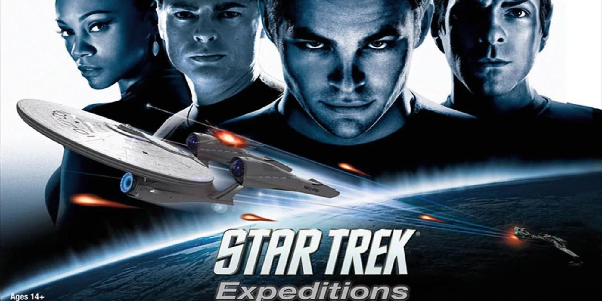 Star Trek Expeditions tabletop game cover showing Uhura, Bones, Kirk and Spock from the 2007 Star Trek movie
