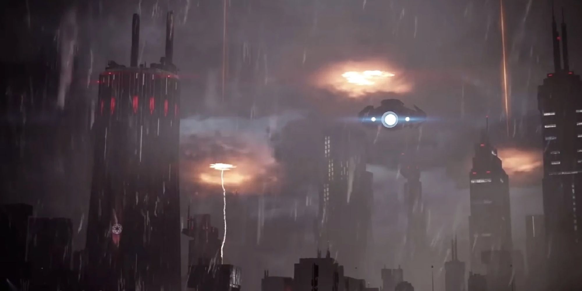 Star Wars ship flying through the stormy night sky of Kestro's skyline 