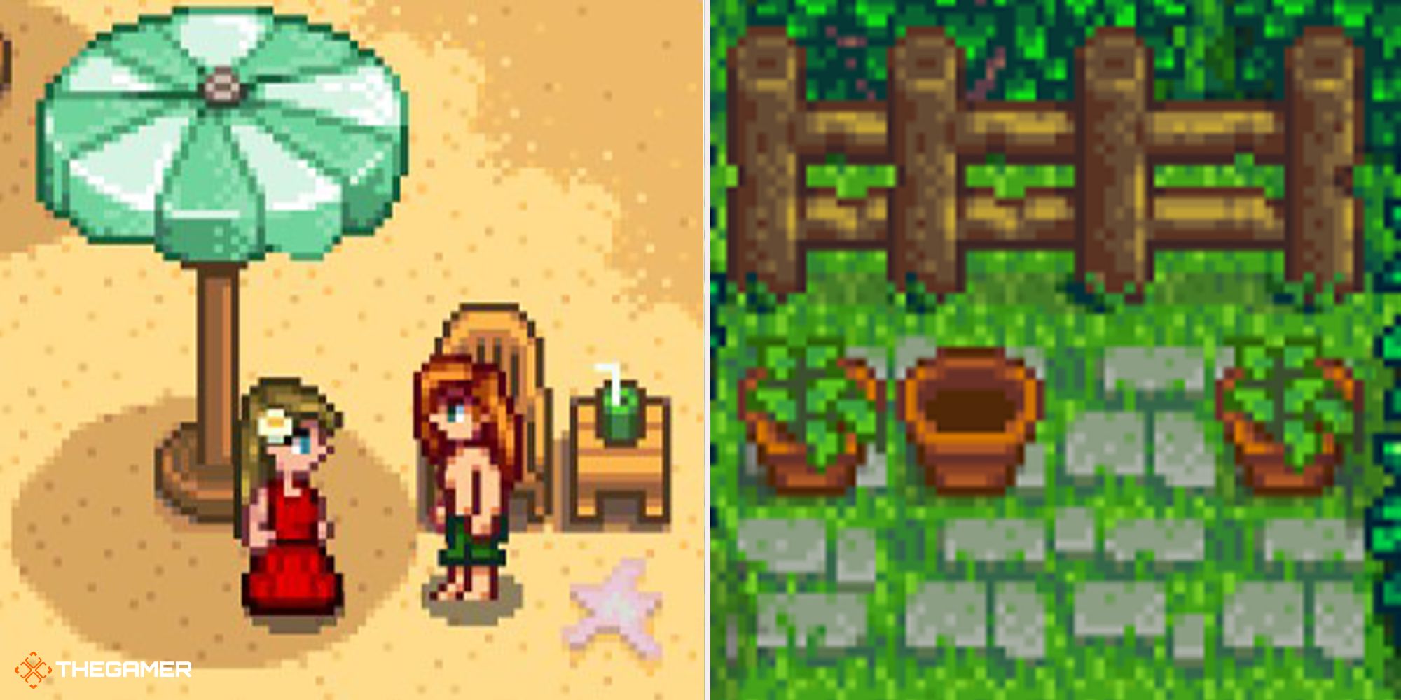 Stardew Valley - Elliott's unique outdoor space (right), on the beach (left)