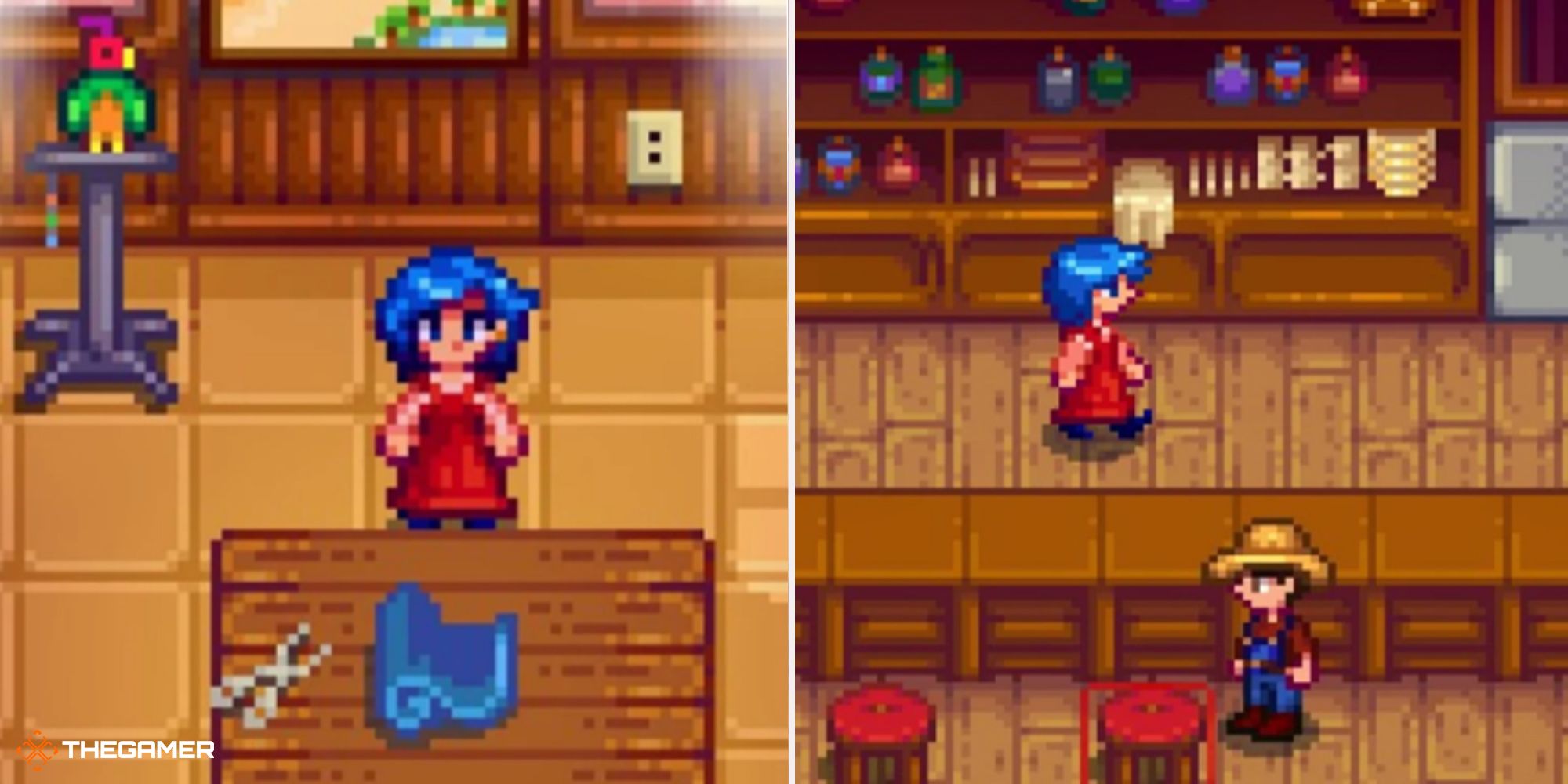 Stardew Valley - Emily at home (left), in the Saloon (right)
