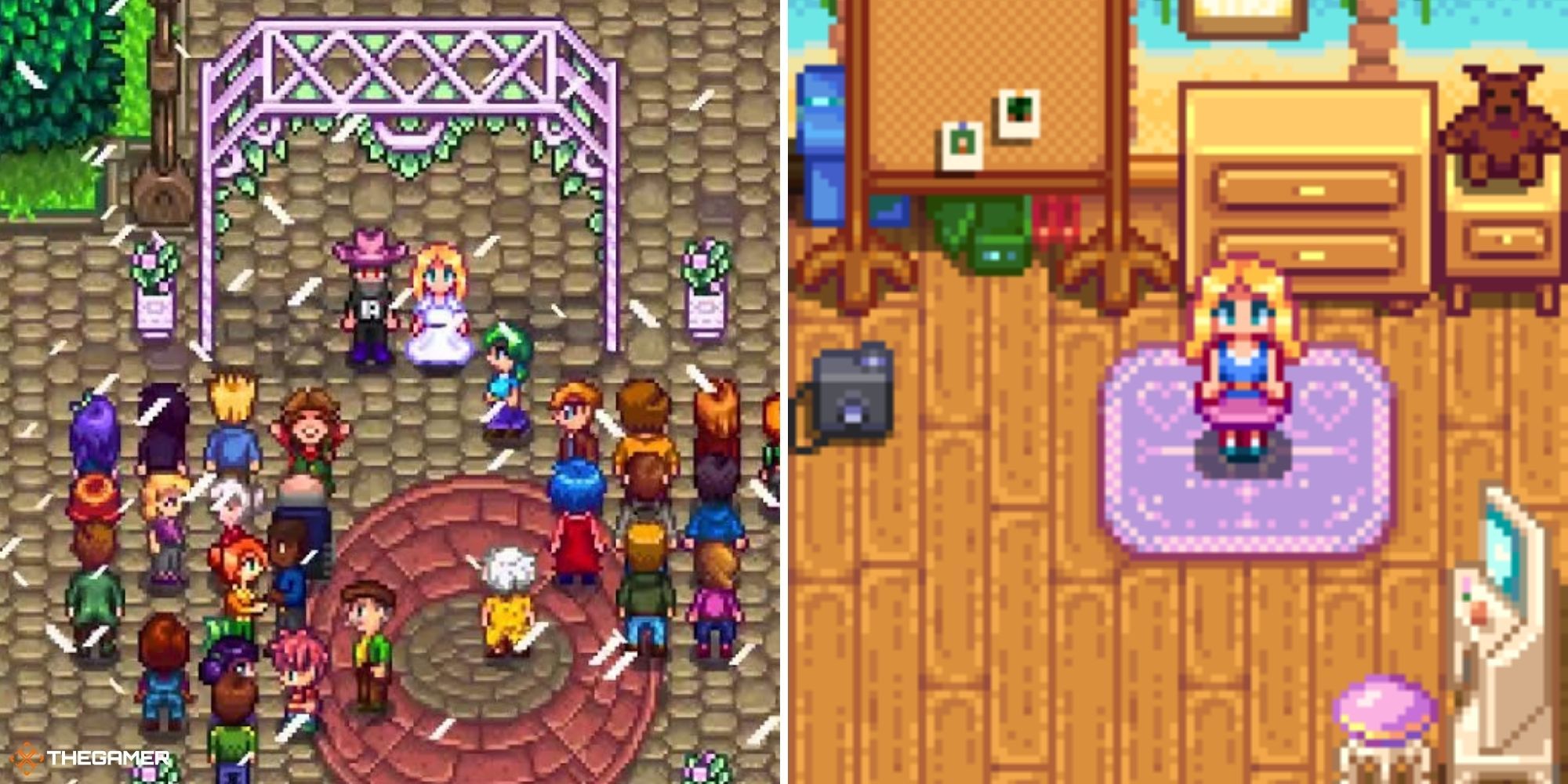 Stardew Valley - split image of Haley&rsquo;s wedding (left), Haley&rsquo;s spouse room (right)