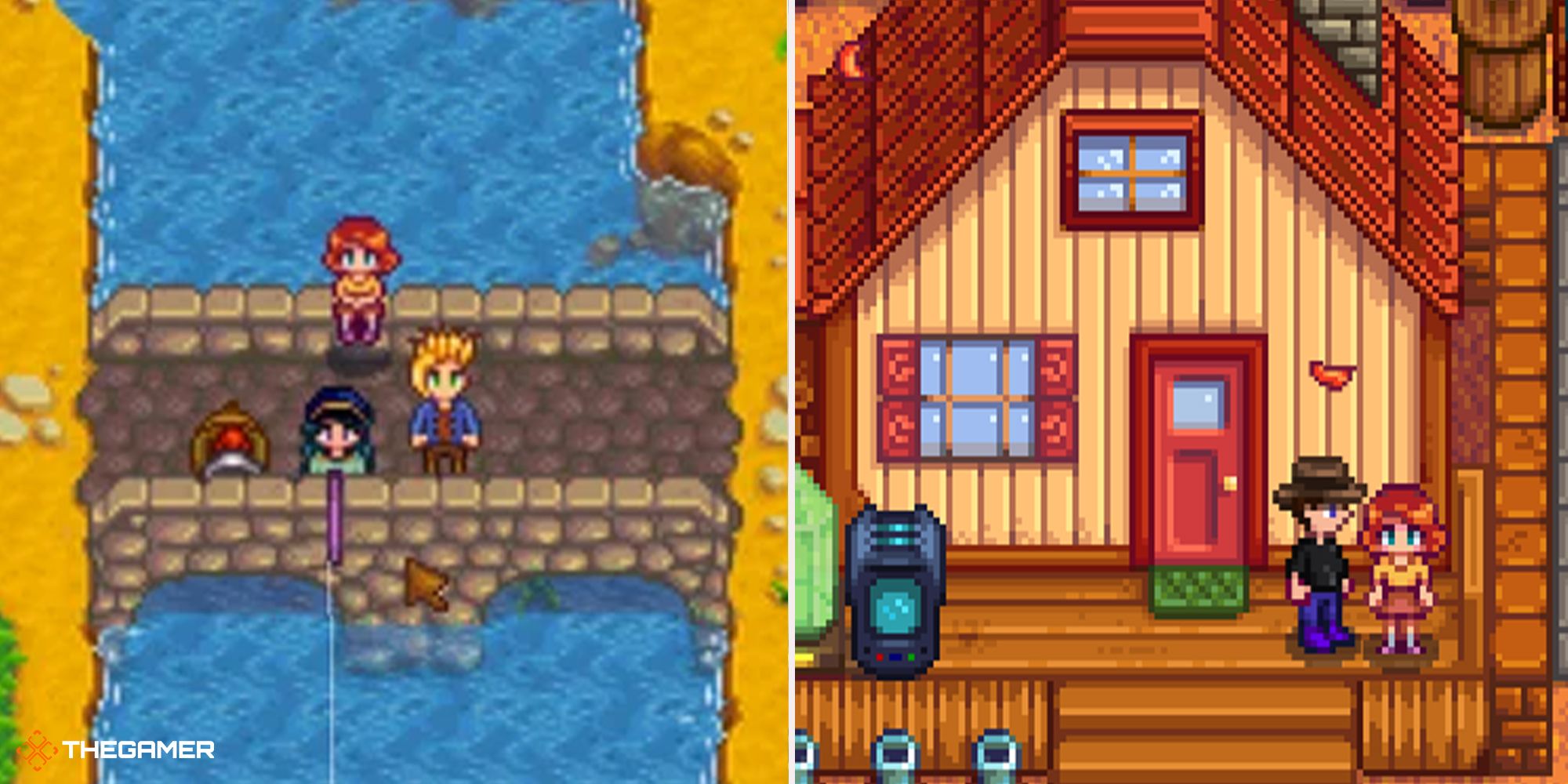 Stardew Valley - Penny at the farm (right), Penny on bridge (left)