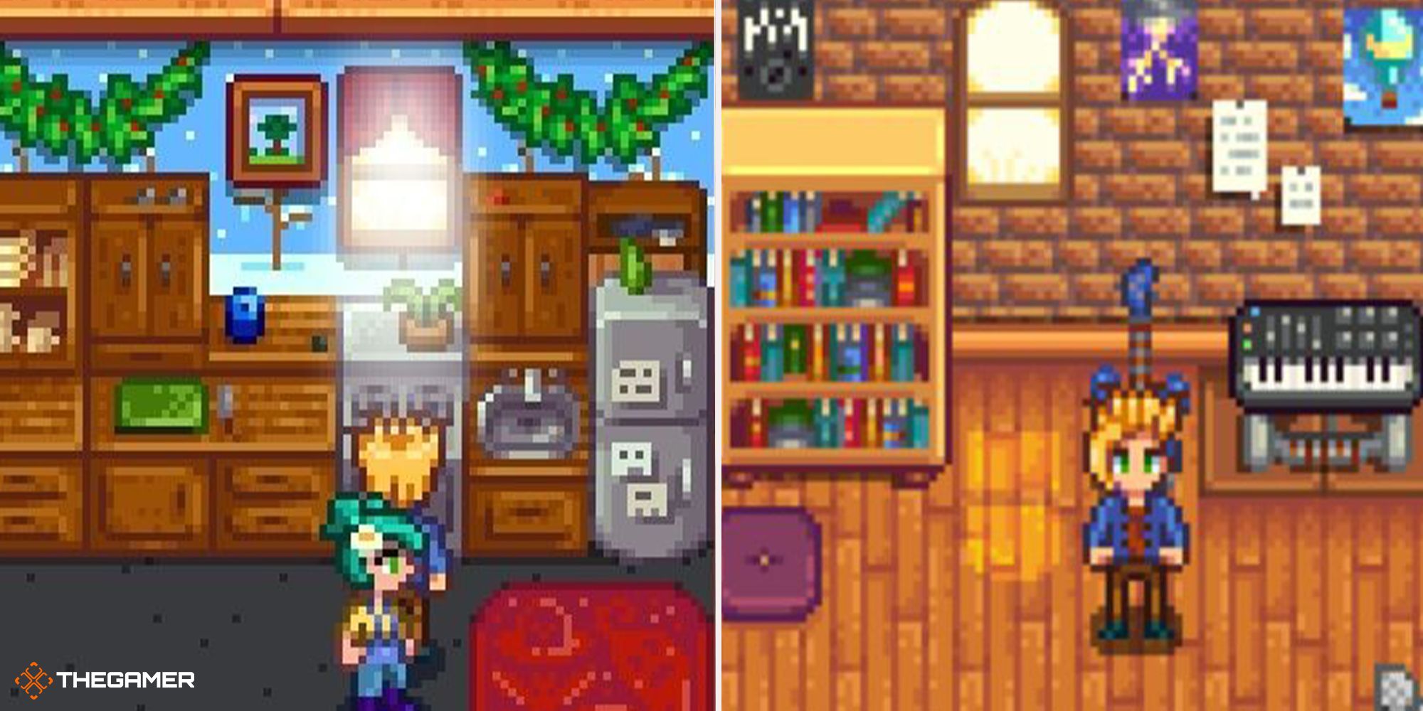 Stardew Valley - Sam in front of the fridge (left), in spouse room (right)