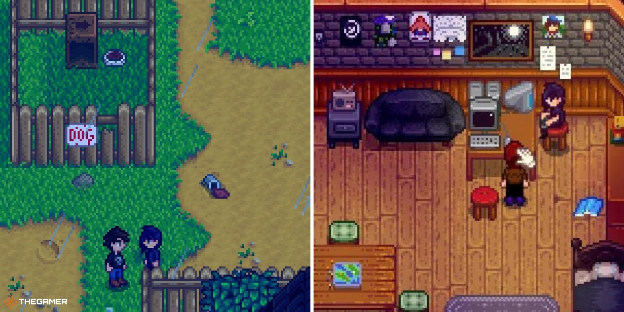Stardew Valley split image of Sebastian in town (left) and Sebastian at home (right)