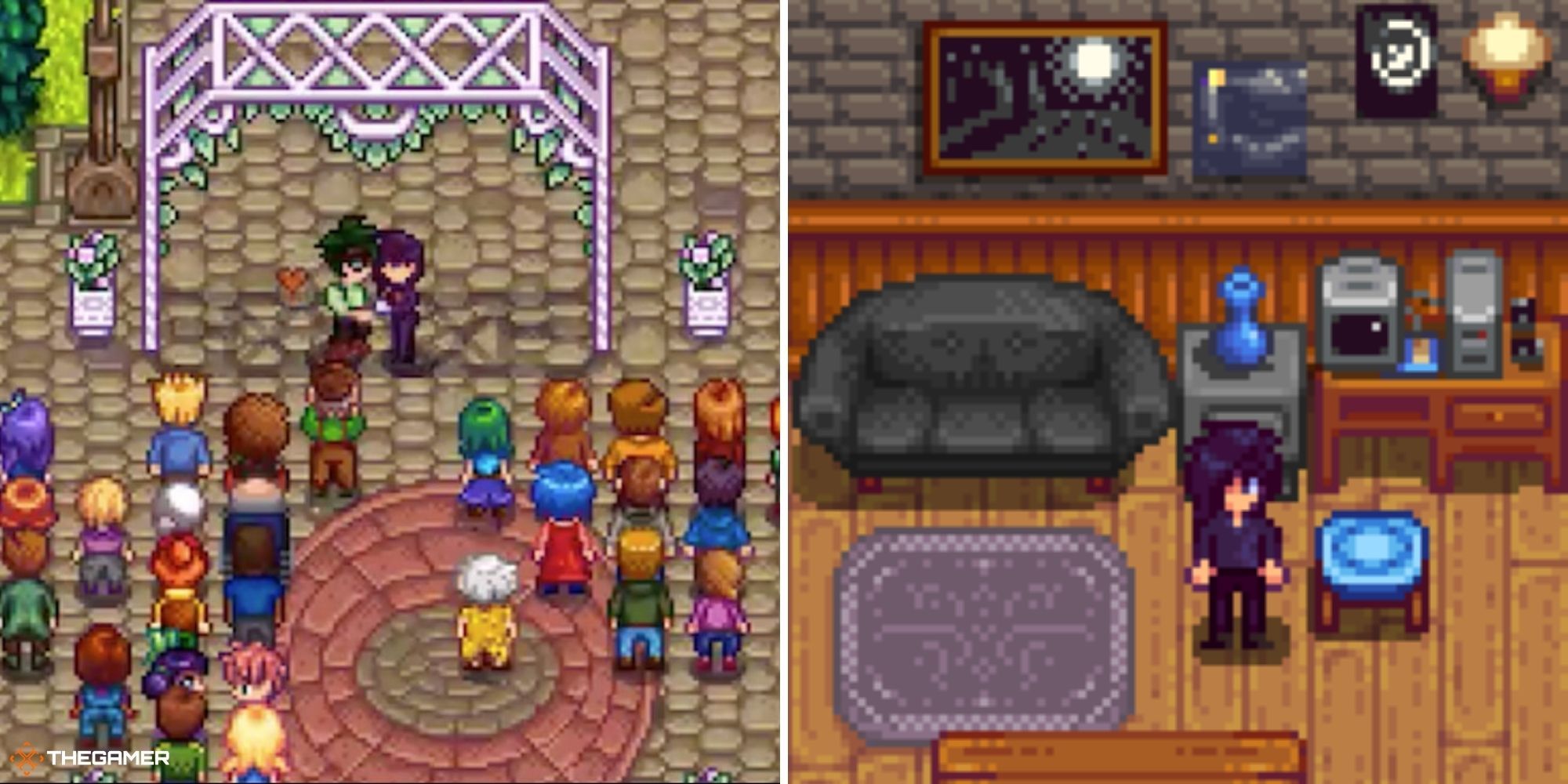 Stardew Valley split image of Sebastian&rsquo;s wedding (left) and Sebastian&rsquo;s spouse room (right)