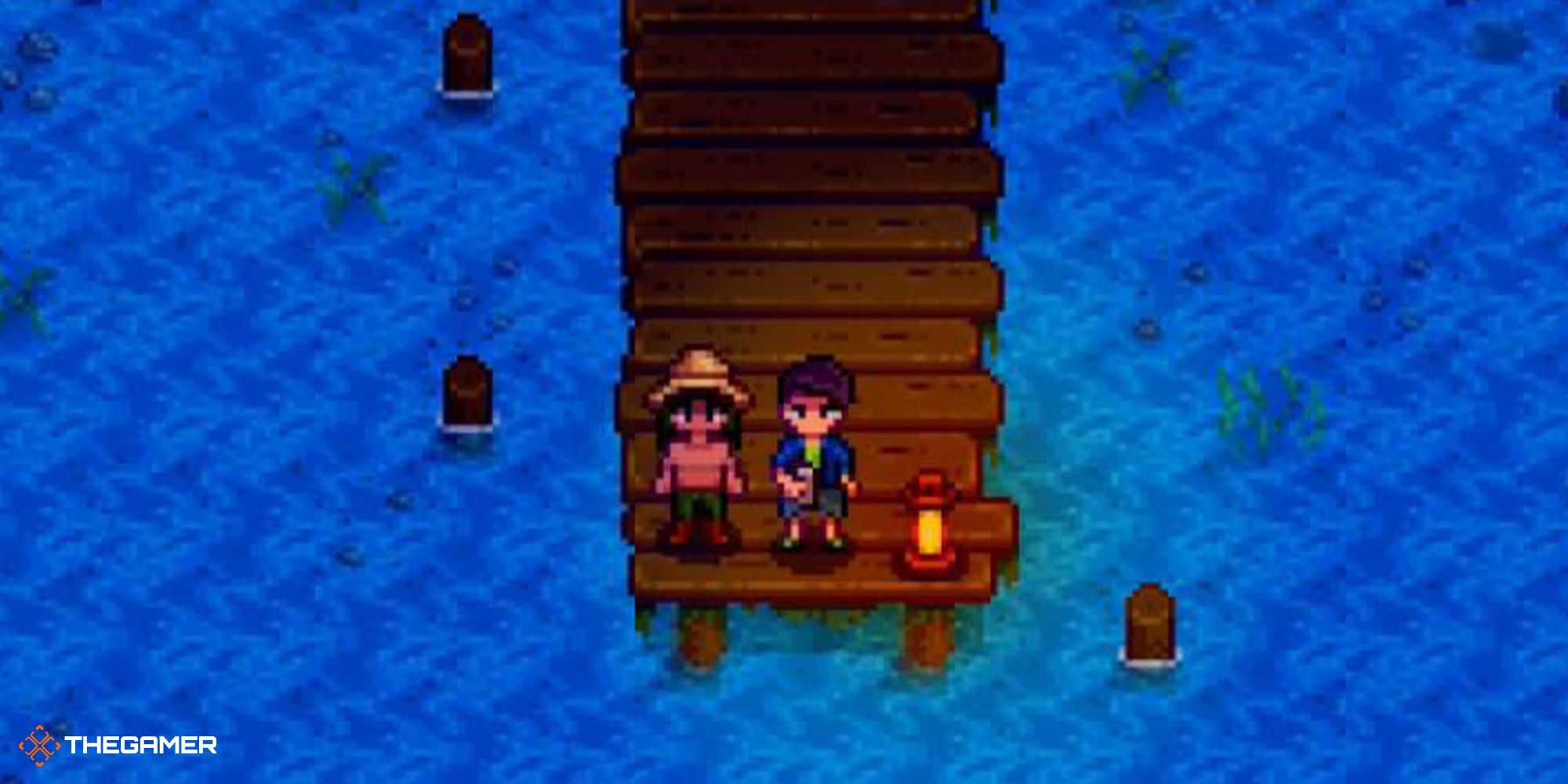 Two characters standing at the end of a pier, whatching a lake.