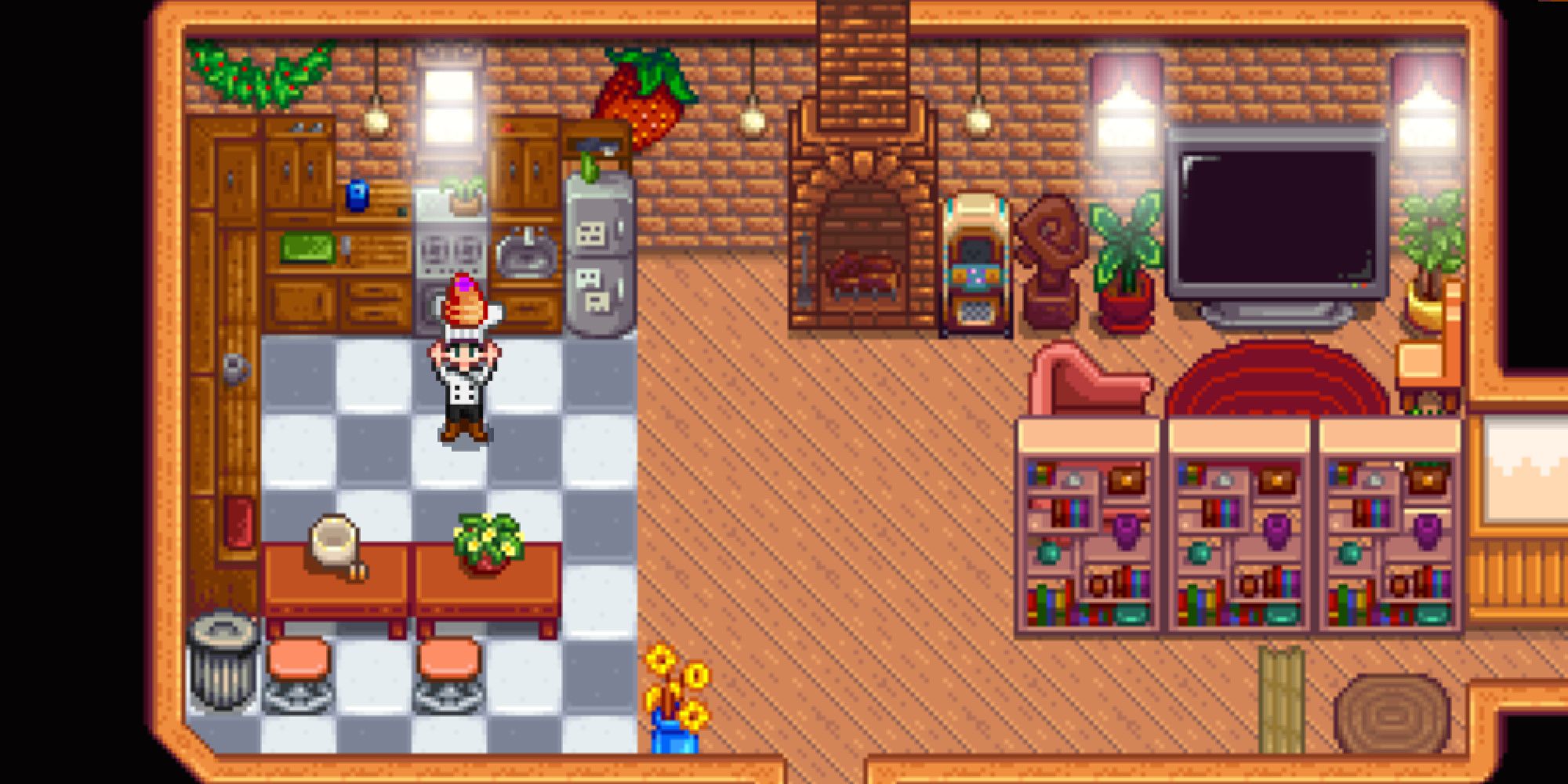 The farmer in Stardew Valley standing in the kitchen of an upgraded house, holding a strange bun above their head. The farmer is wearing a chef's hat and chef's shirt.
