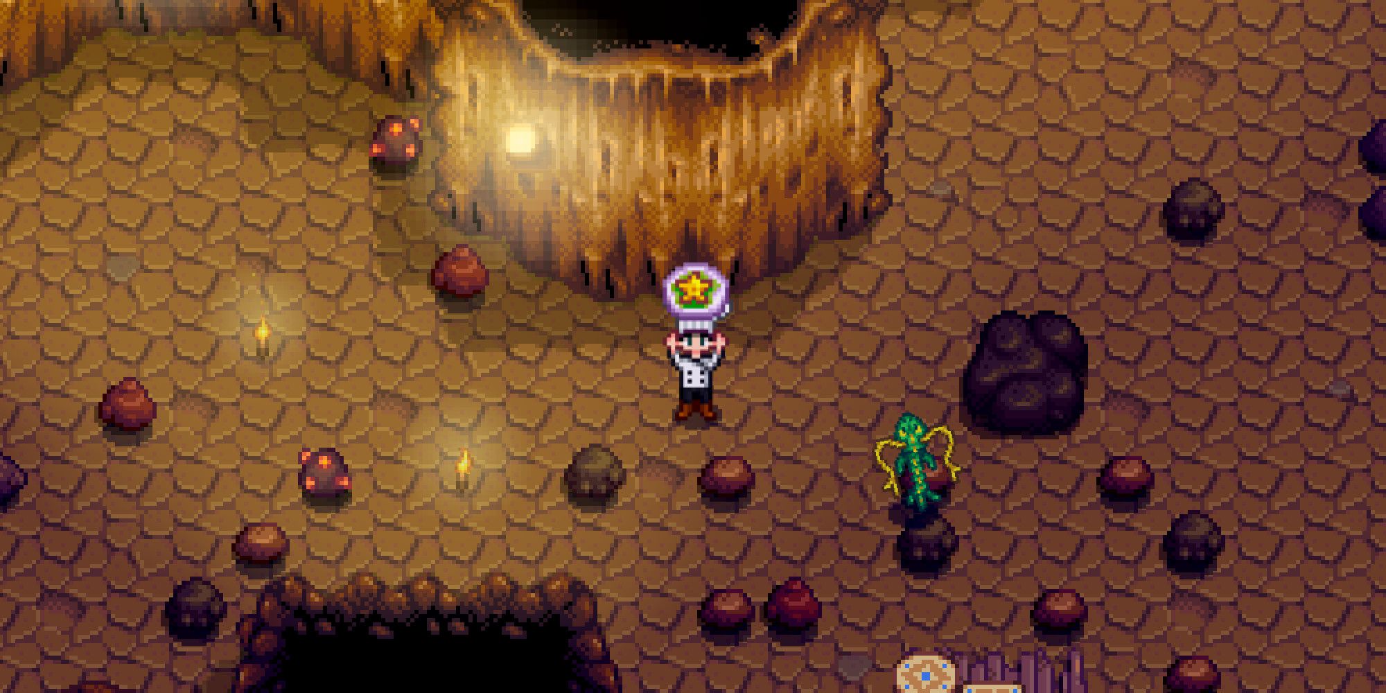 The farmer from Stardew Valley standing in the Skull Cavern, wearing a chef's hat and chef's coat, and holding a Lucky Lunch above their head. A serpent is flying beside them. 