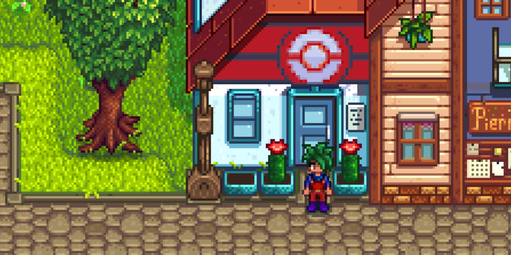 Stardew Valley character stood in front of a Pokemon Center