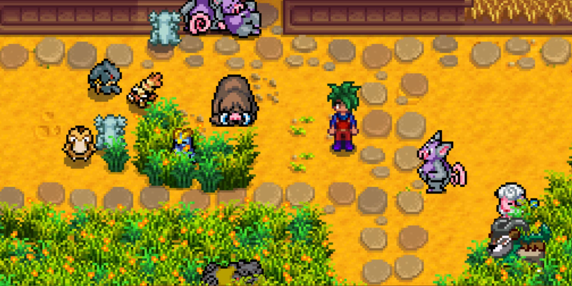 A Stardew Valley character surrounded by several different Pokémon