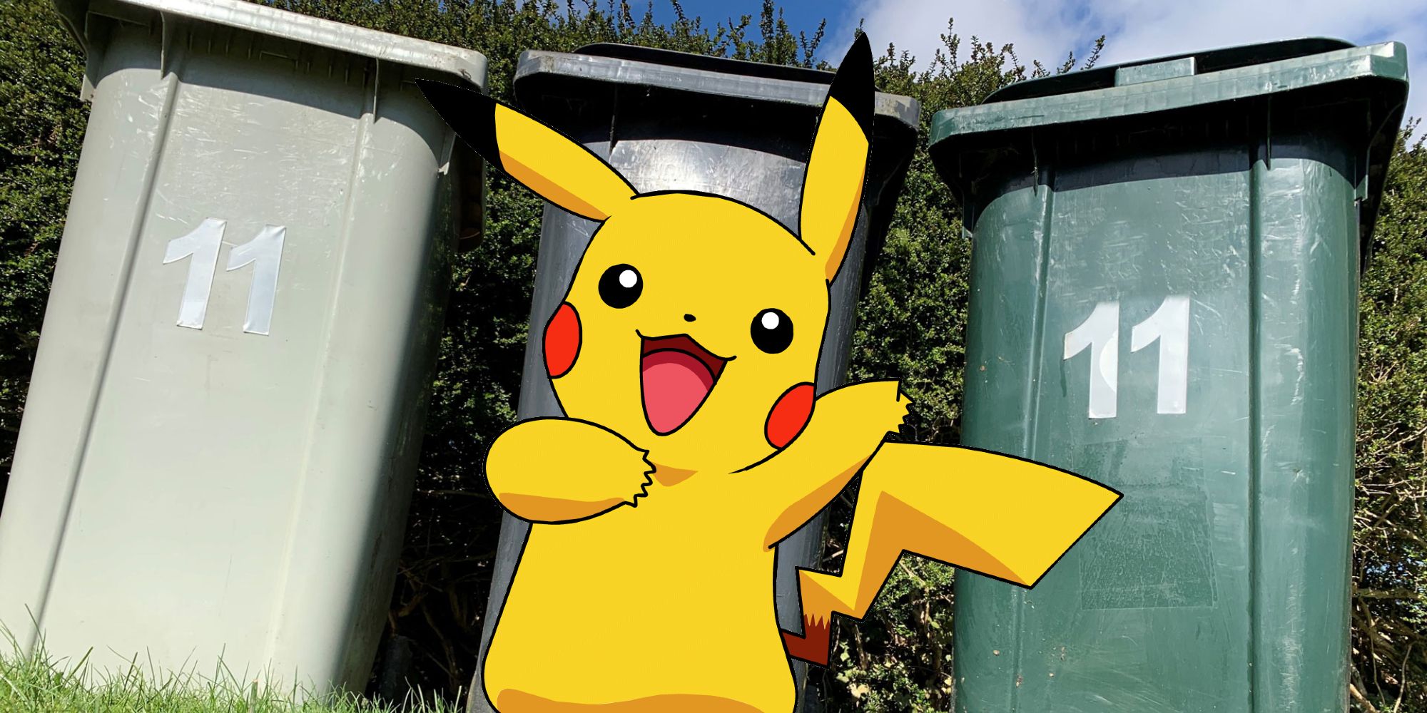Pikachu in front of some bins.