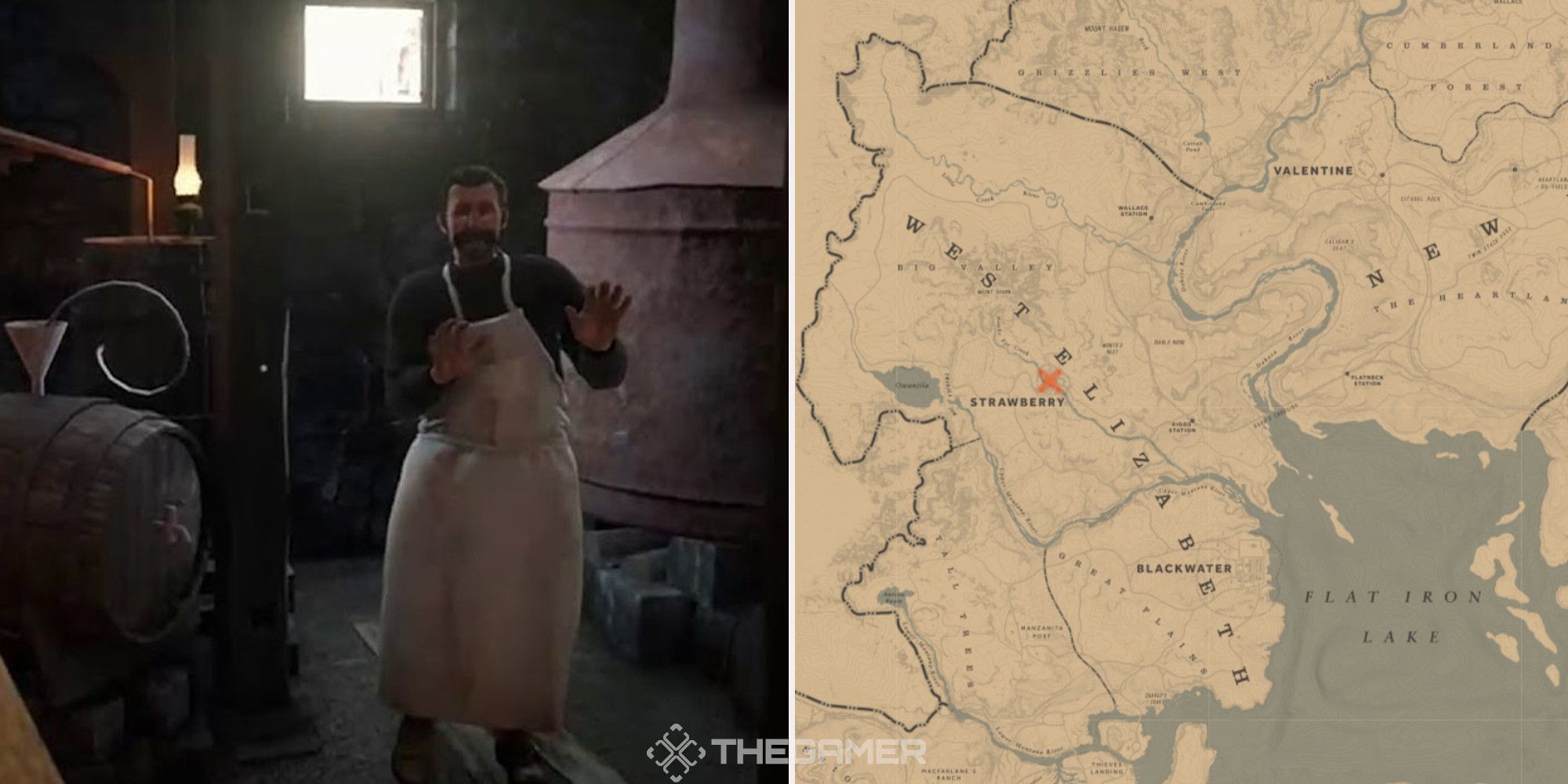 The secret moonshine operation in the town of Strawberry in Red Dead Redemption 2. Next to it is an image of its location marked on the map.