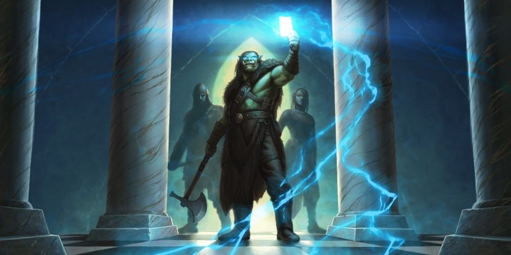 Orc and adventurers party cast lightning bolt from card