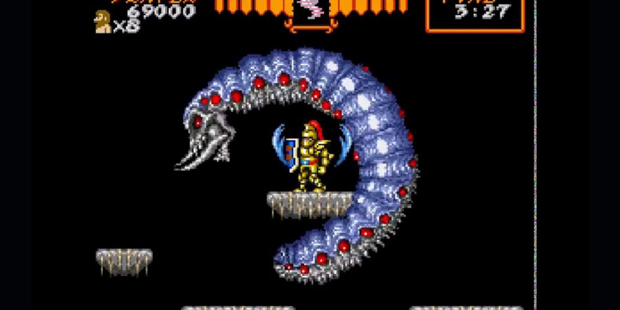 a player fighting a giant flying centipede boss in Super Ghouls n' Goblins