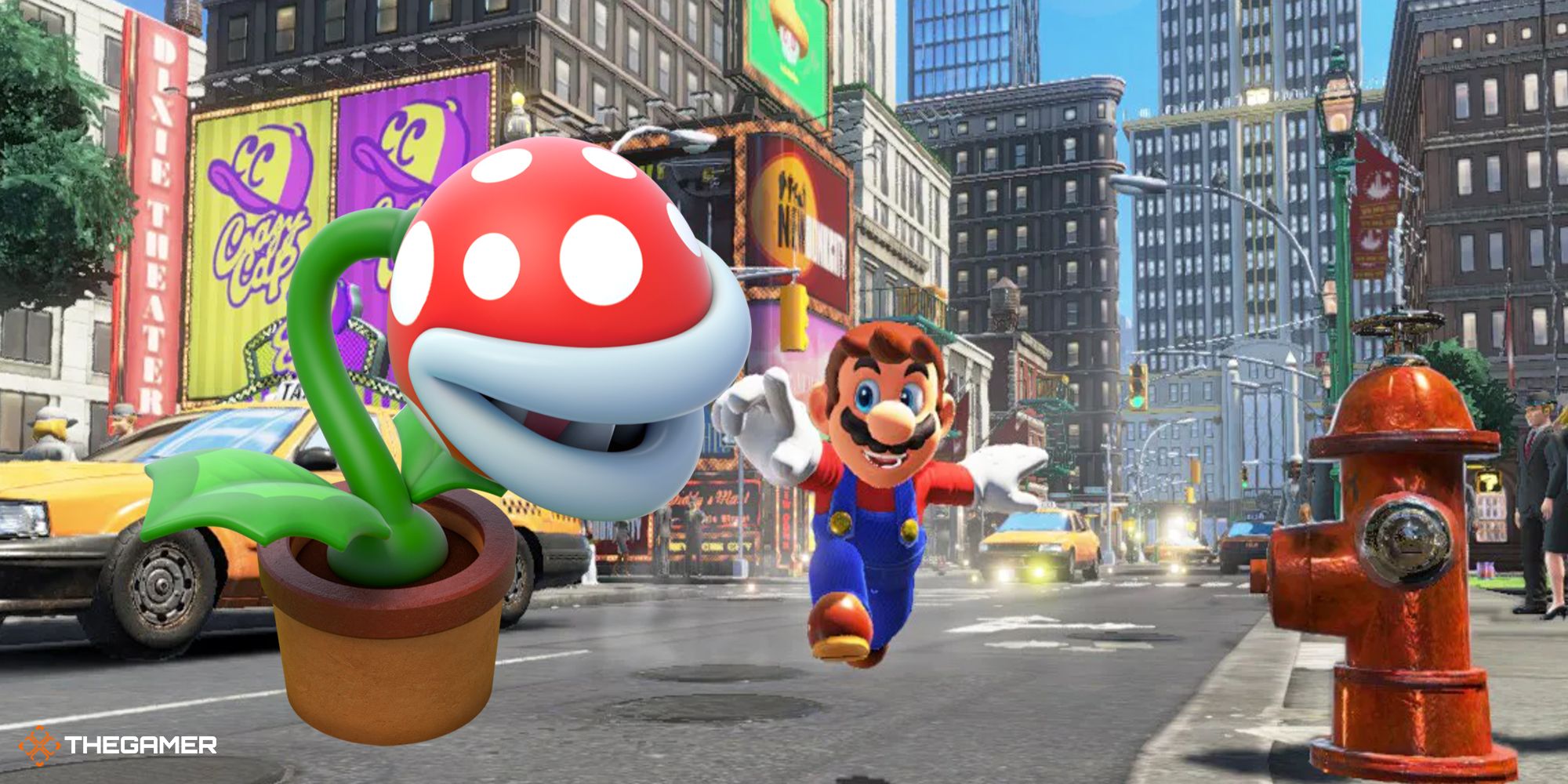 Super Mario Odyssey - Mario and a piranha plant