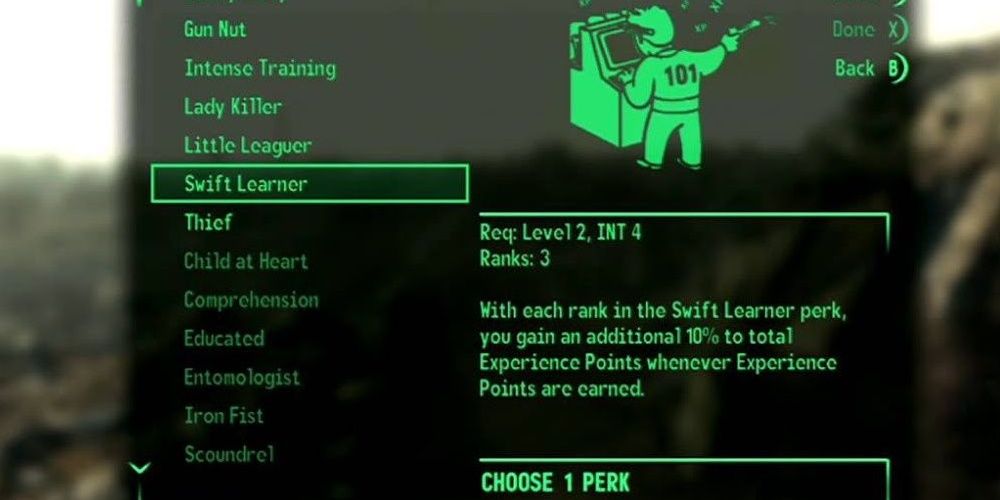 Swift Learner Perk information screen from Fallout 3 & New Vegas