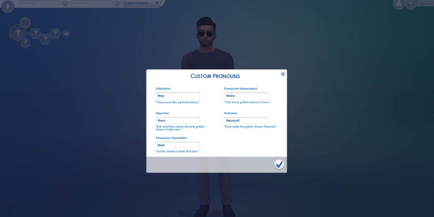 TS4 pronouns box in create a sim