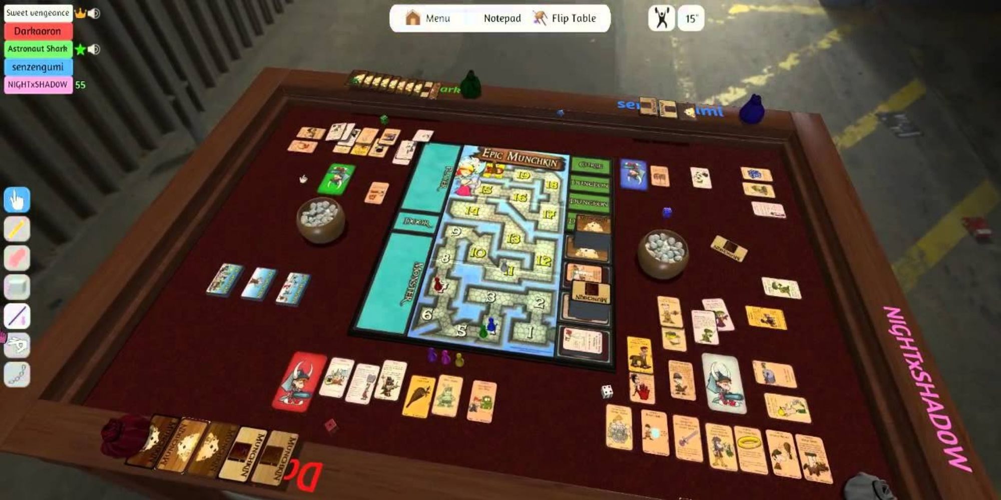 Various cards on the board in Tabletop Simulator