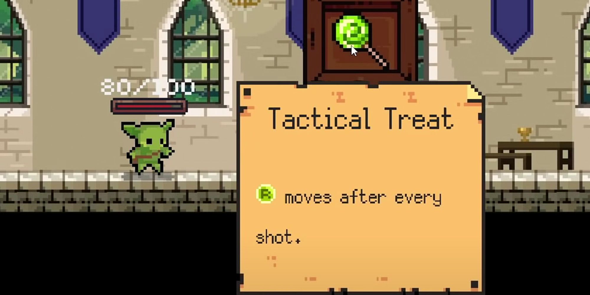 Peglin screenshot of Peglin standing next to the Tactical Treat Relic, which looks like a green lollipop
