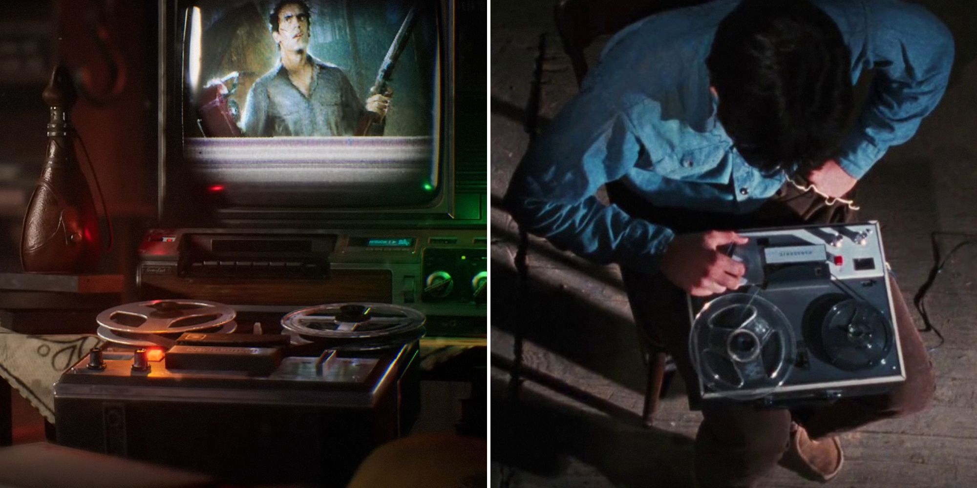 Evil Dead The Game split image. Tape Recorder from Evil dead game and film.