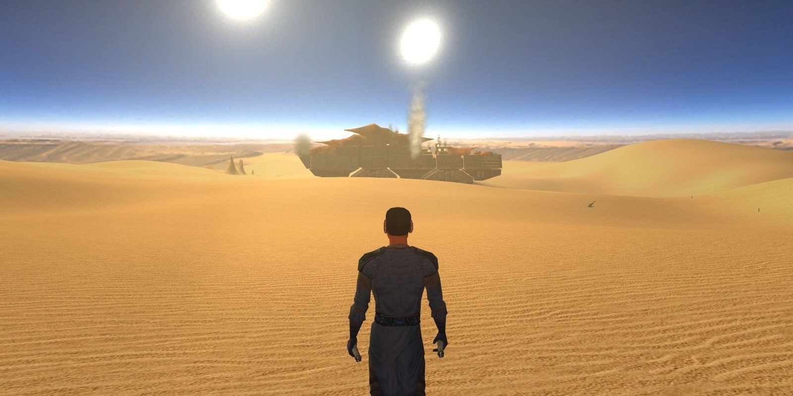The Main Character from Star Wars KOTOR looks out at Tatooine