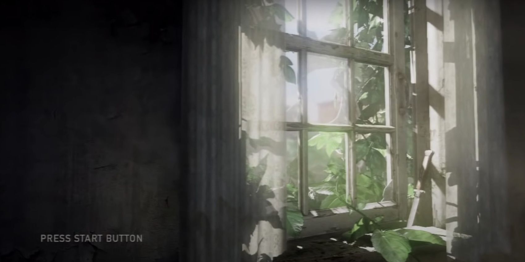 A screenshot of The Last of Us title screen, showing an open window and Ellie’s switchblade.