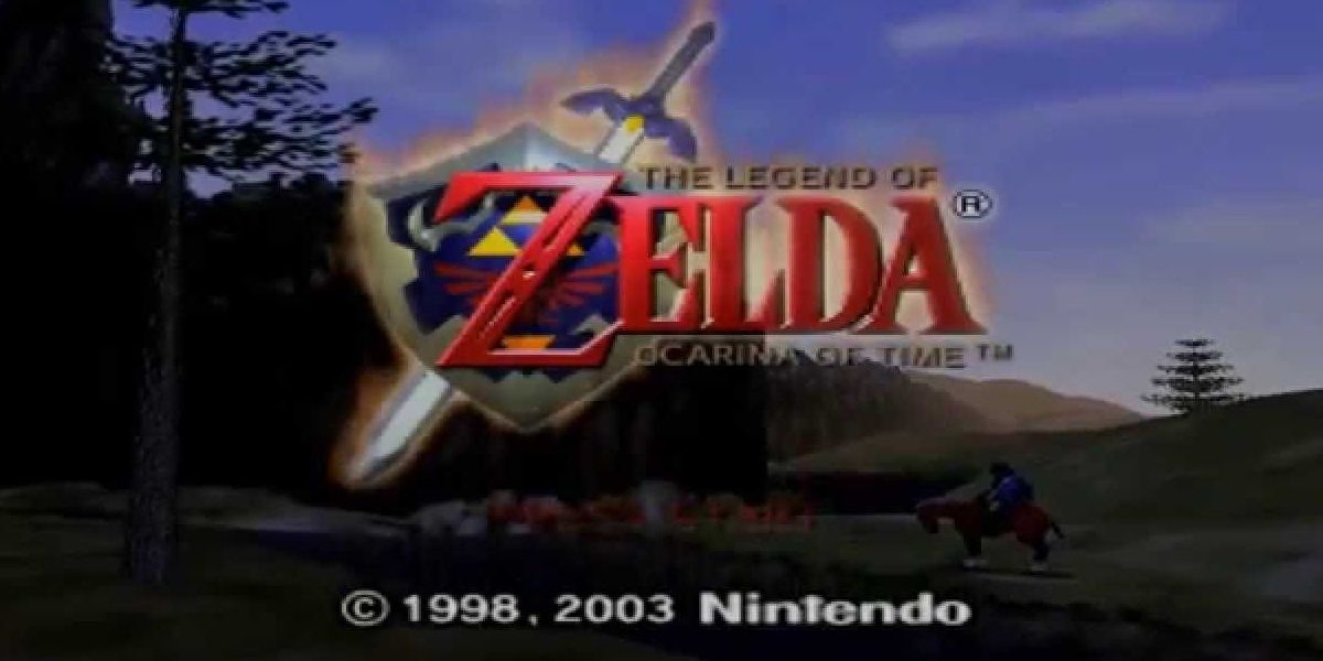 A screenshot of The Legend of Zelda: Ocarina of Time title screen with Link riding Epona in the foreground.