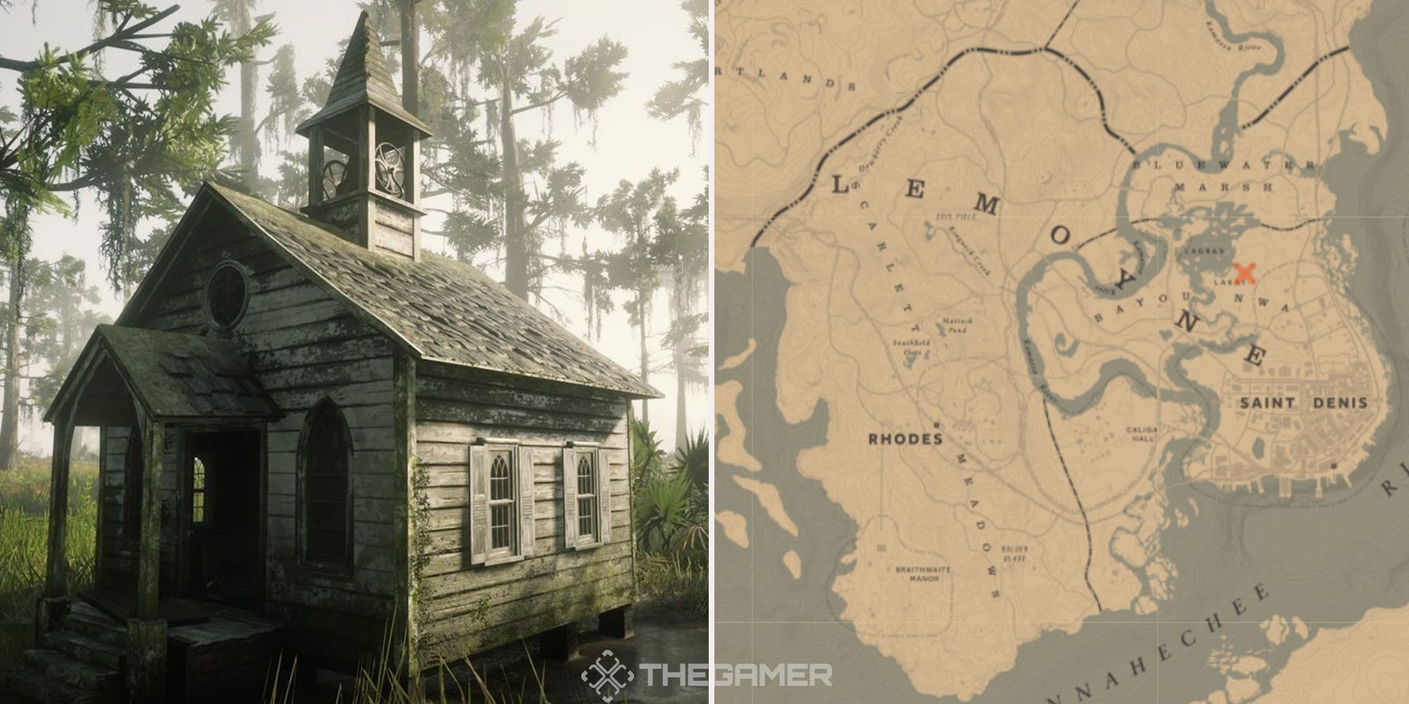 The tiny church in Red Dead Redemption 2, next to an image of where it can be found marked on the map.