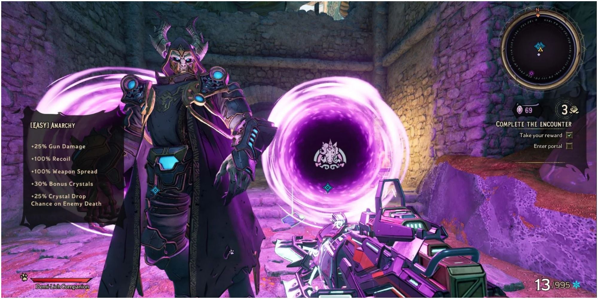 Dragon Lord holds Anarchy curse to player with purple portals behind