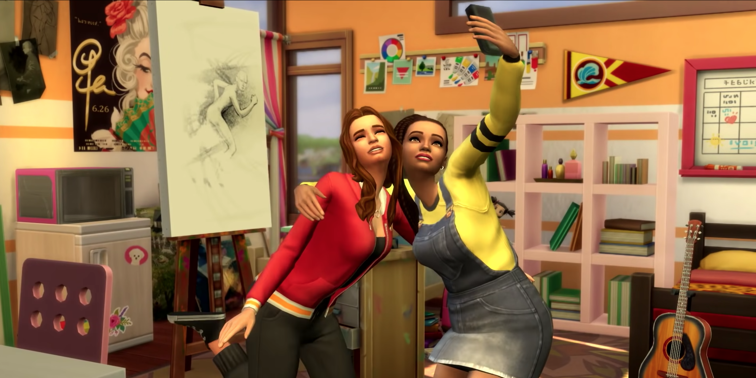 Foxberry Dormmates take a selfie together in their well-decorated dorm. An easel with a half-finished sketch sits in the left corner, while a bookcase and guitar occupy the right