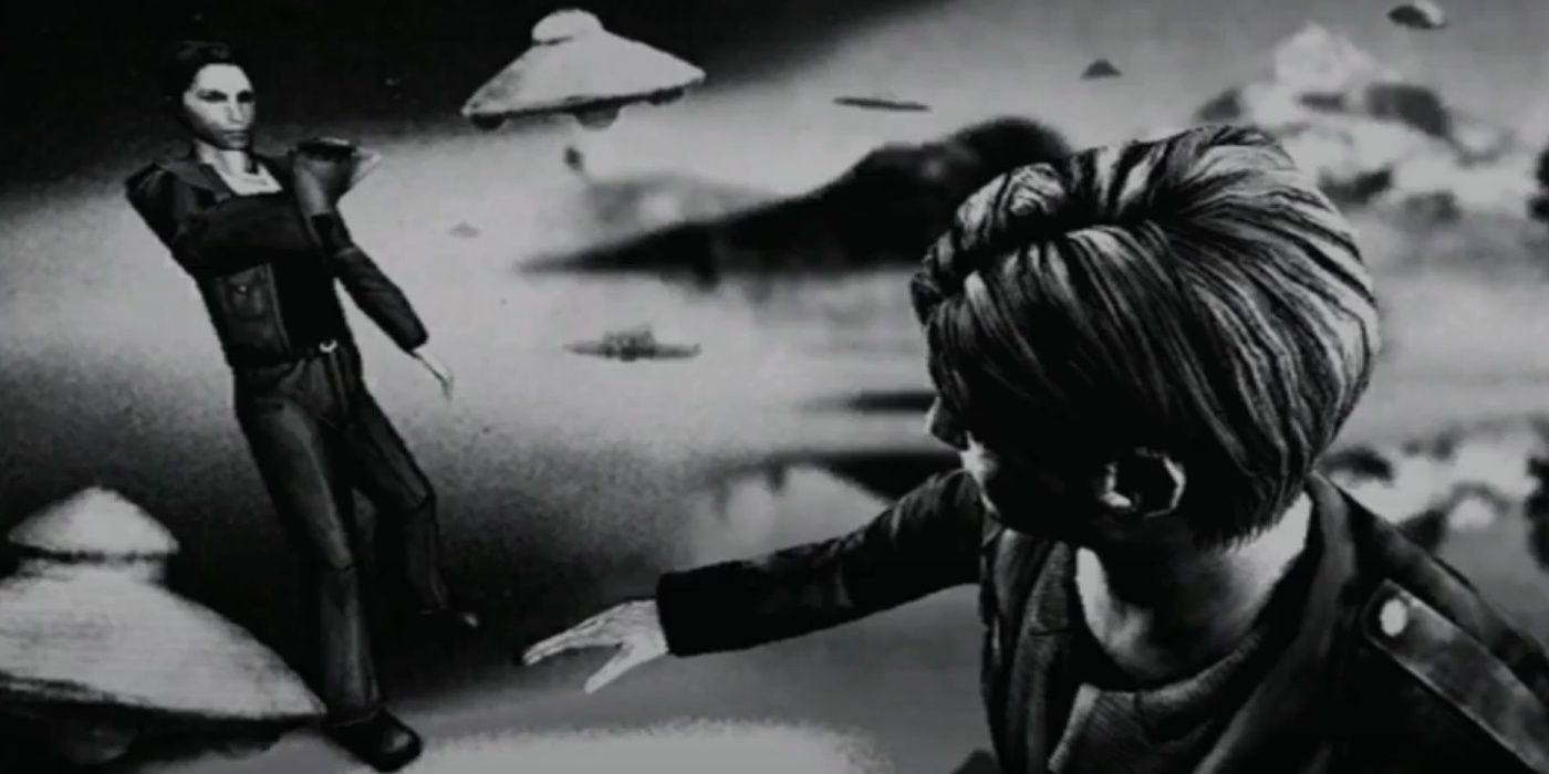 UFO EndingA black-and-white screenshot of Harry Mason pointing a gun at James with UFOs in the background.