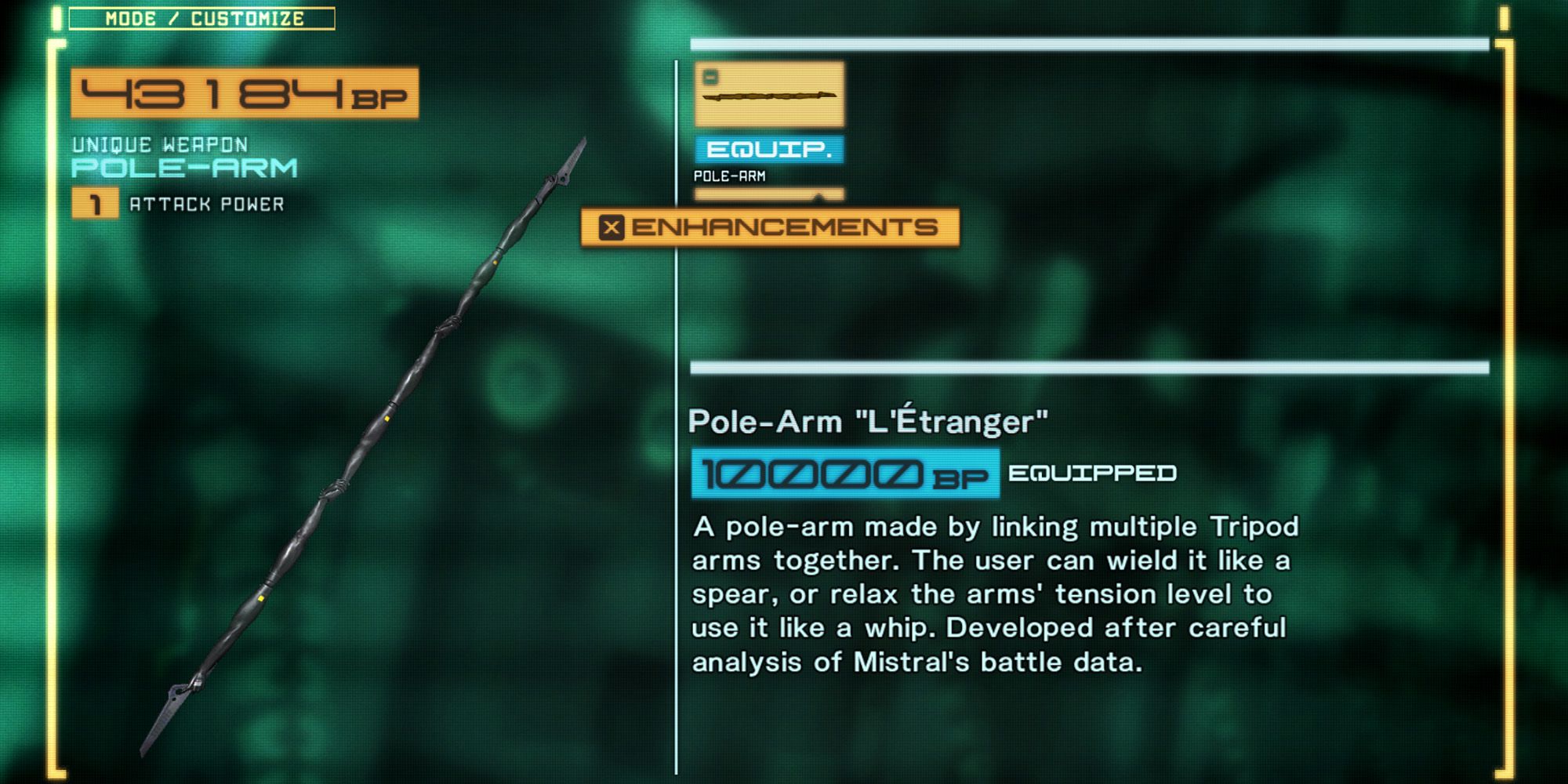 Metal Gear Rising: Revengeance screenshot of the Pole-Arm (L'Étranger) Unique Weapon in the Customize menu