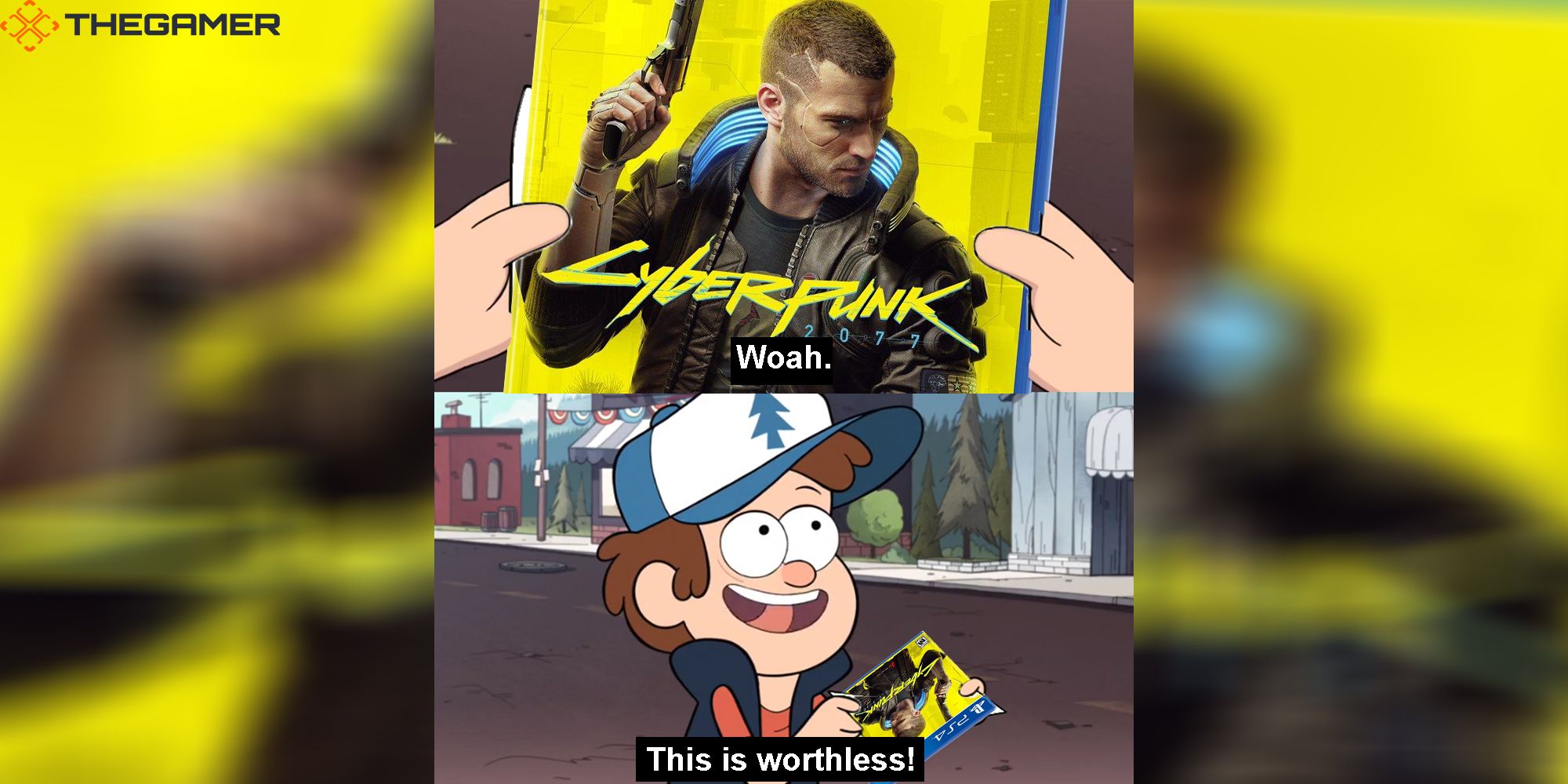 A young kid holds a PS4 port of Cyberpunk 2077 and exclaims that it is worthless.
