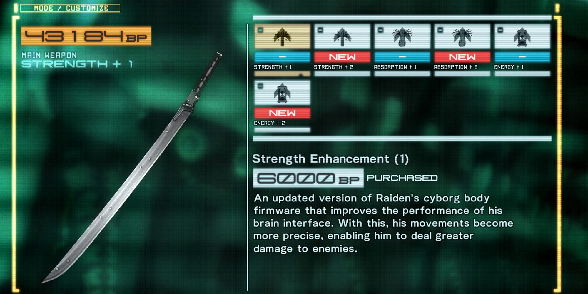 Metal Gear Rising: Revengeance screenshot of upgrades for the High Frequency Blade in the Customize menu