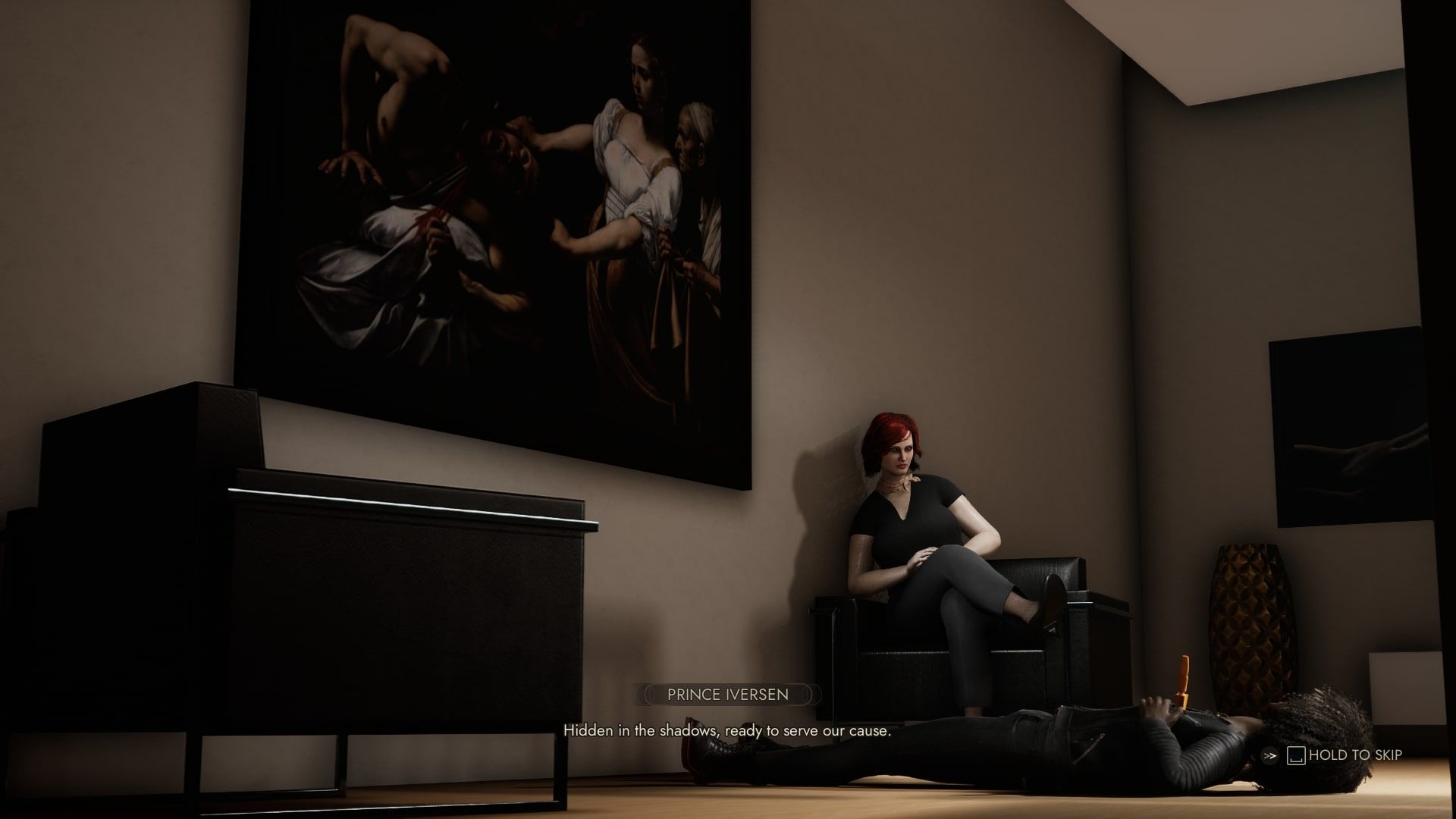 Vampire: The Masquerade - Swansong - Hilda sitting on a chair with Emem on the floor, staked.