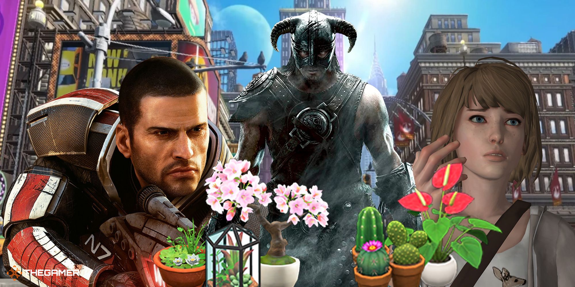 Various video game characters with house plants from animal crossing
