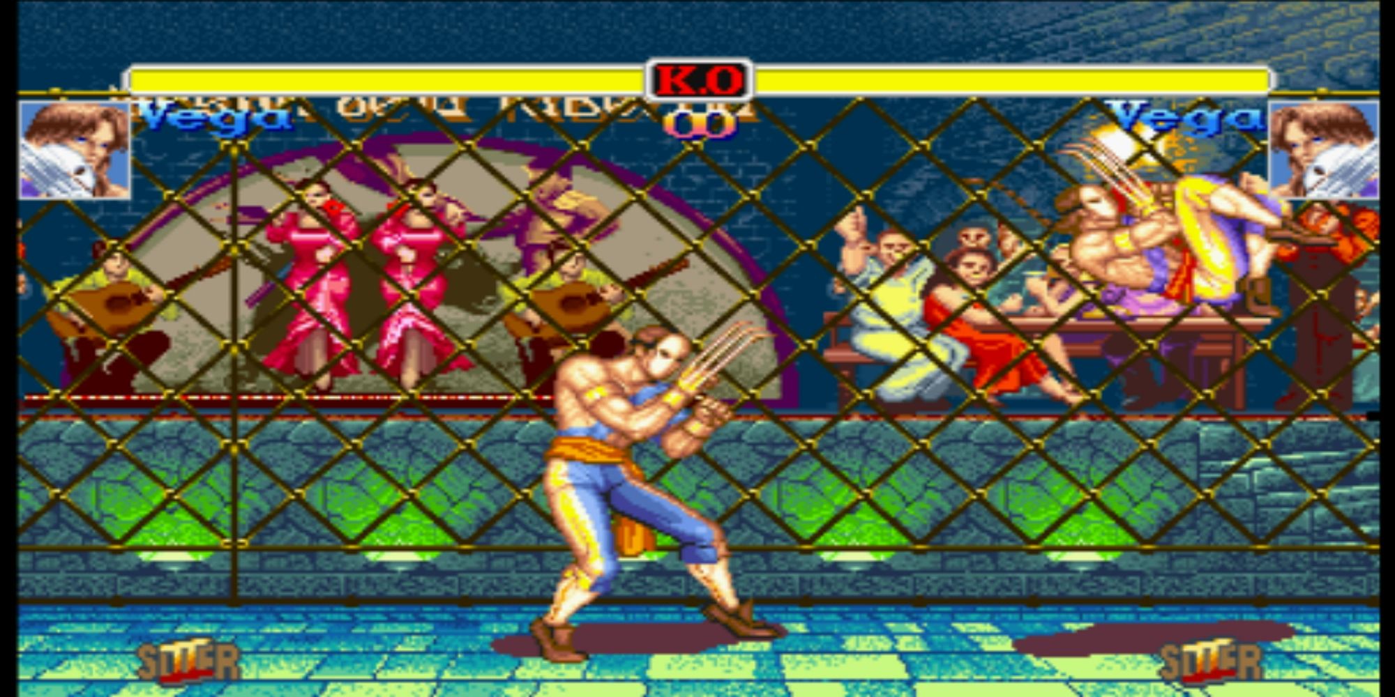 Super SF2 Vega bounces off the wall of a Flamenco Tavern in Spain in Hyper Street Fighter 2.