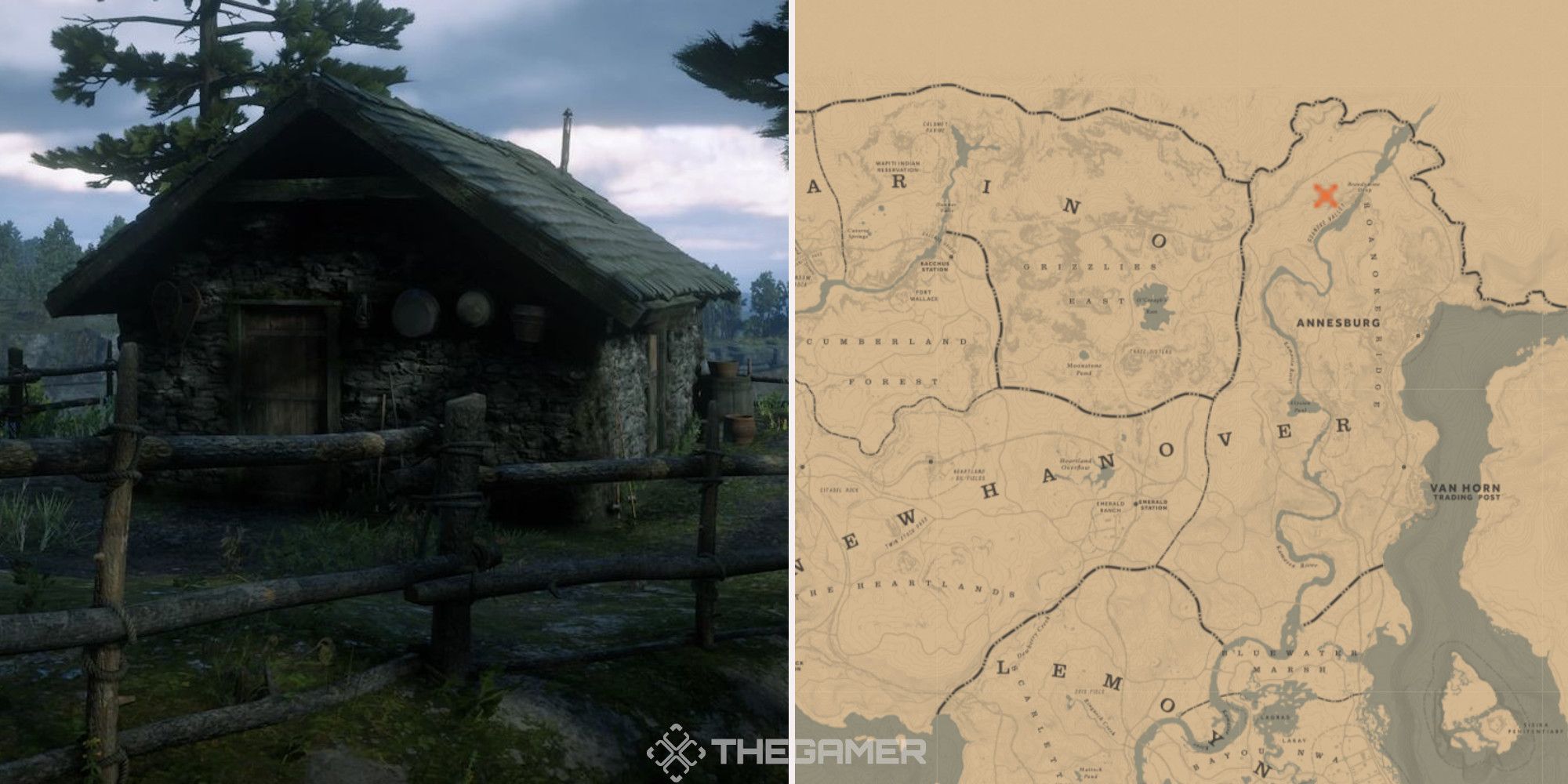 The Vetter cabin in Red Dead Redemption 2, next to an image of where it can be found marked on the map.