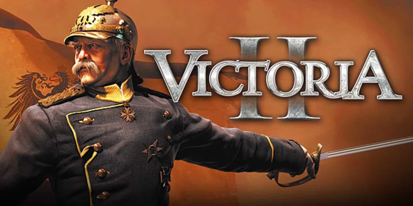 Man holding out a saber beside the logo of Victoria 2