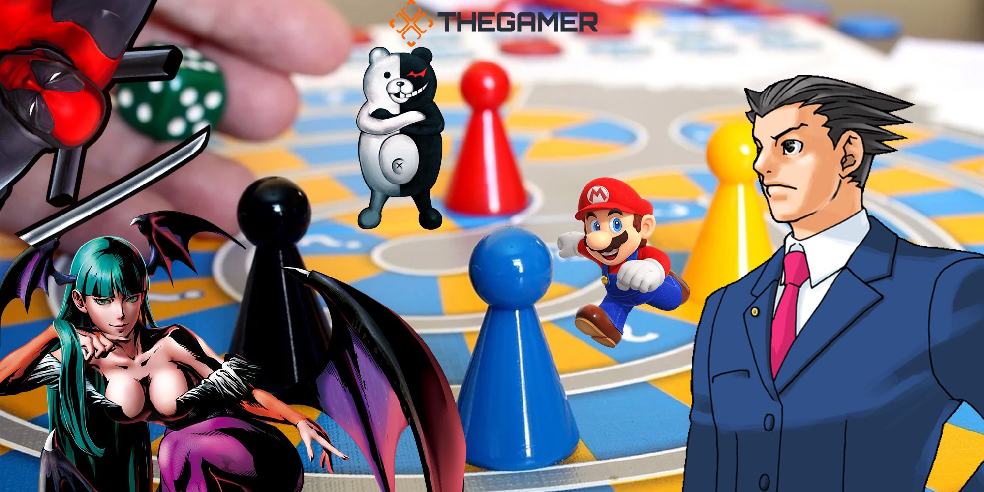 Morrigan, Deadpool, and Phoenix Wright gather around a game board. Mario and Monokuma run on the board like game pieces. Custom Image for TG.