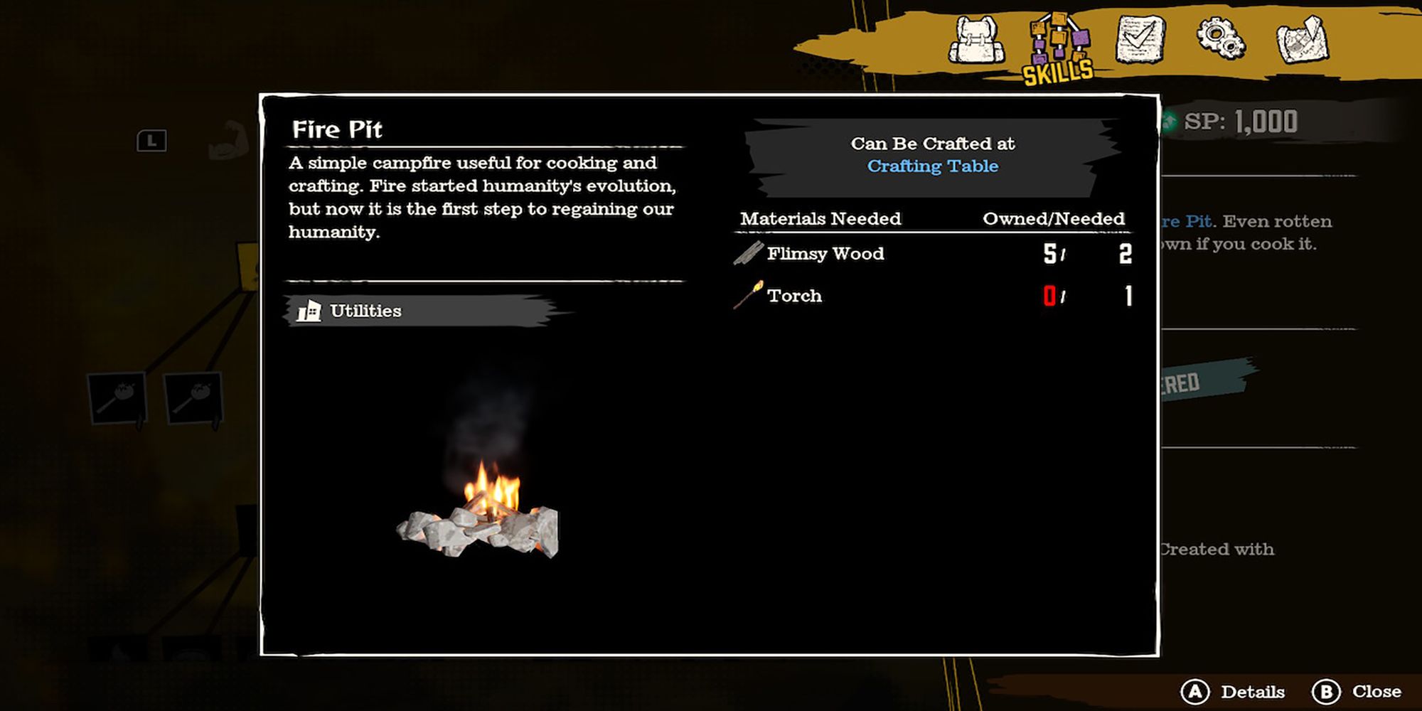 A breakdown of the Fire Pit via the View Craftables function in Deadcraft's Skills menu.