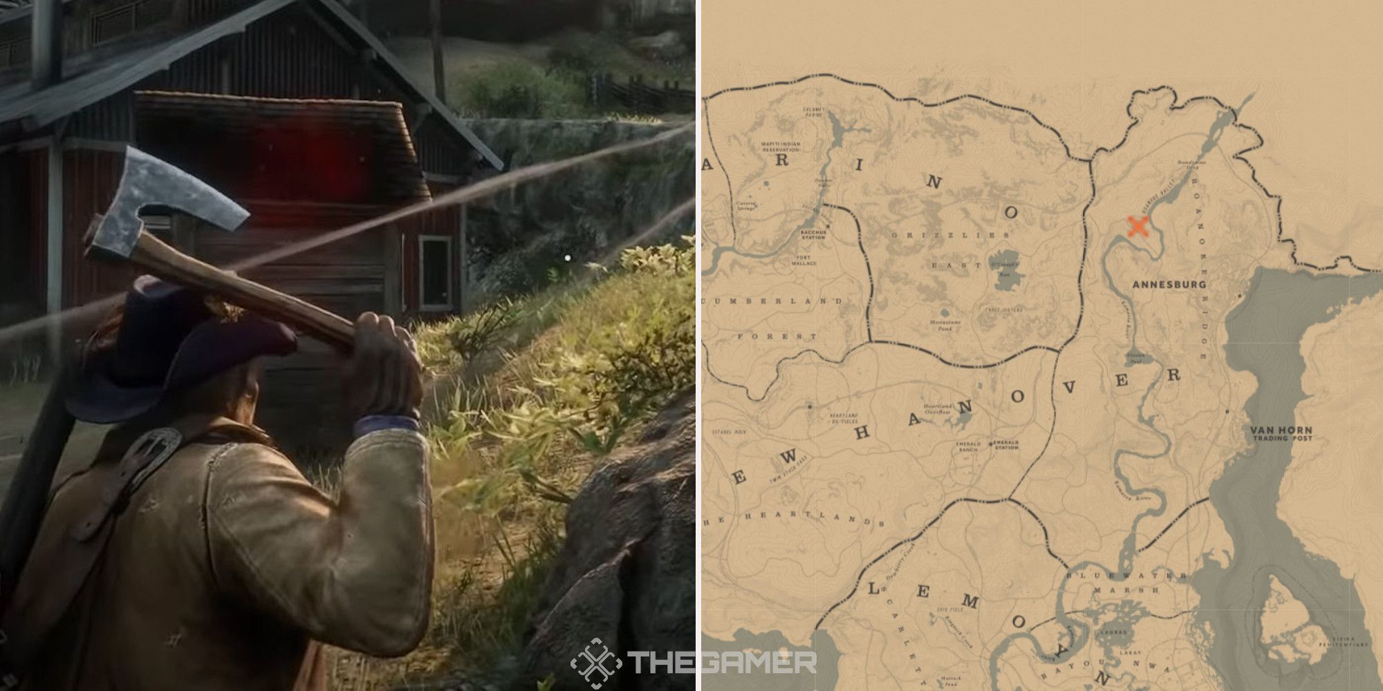 Arthur preparing to throw the viking hatchet in Red Dead Redemption 2, next to an image of where it can be found marked on the map.