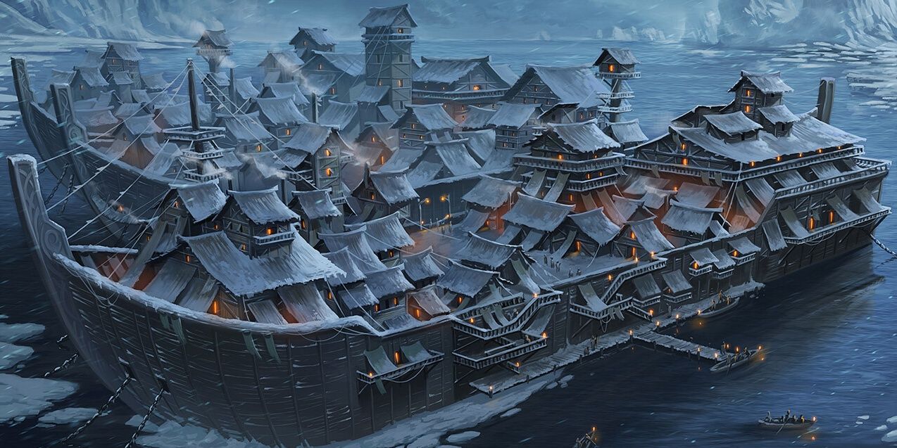 town made of ships floating on frozen lake