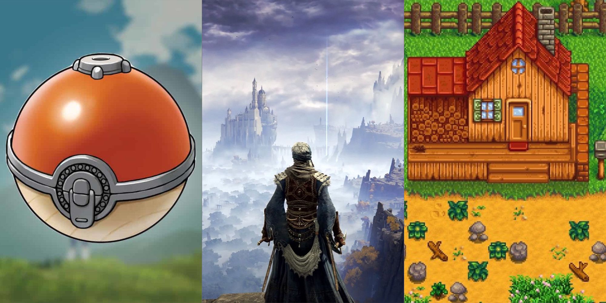 Split image of Poke Ball from Pokemon Legends Arceus, main character looking over a sprawling overworld in Elden Ring, and the dilapidated starting farm from Stardew Valley